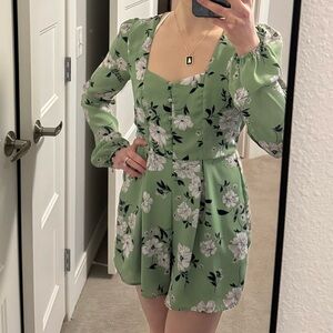 Green Floral Square-Neck Mini Dress